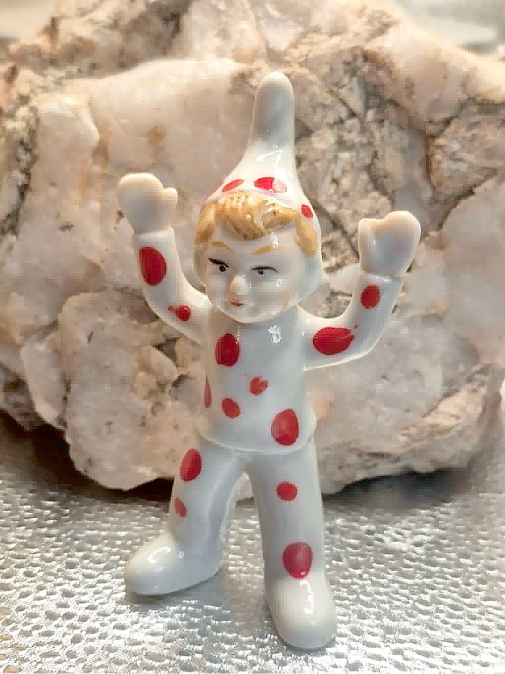 Rare MCM Polkadot Pixie Figurine - Miniature Elf in White w Red Polkadots JAPAN